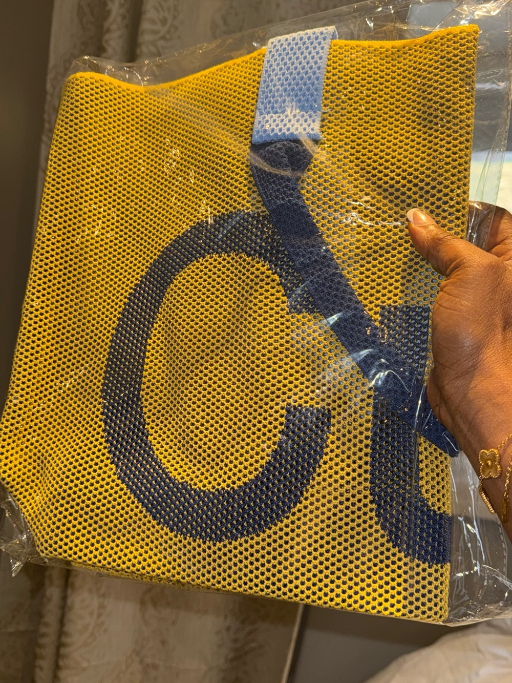 Yellow Mesh Tote Bag with Blue Logo - Men Bags